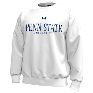 white crew neck Under Armour sweatshirt with embroidered Penn State University